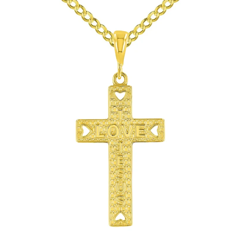 14K Gold I Love Jesus Cross Charm Pendant Cuban Concave Necklace - Yellow Gold