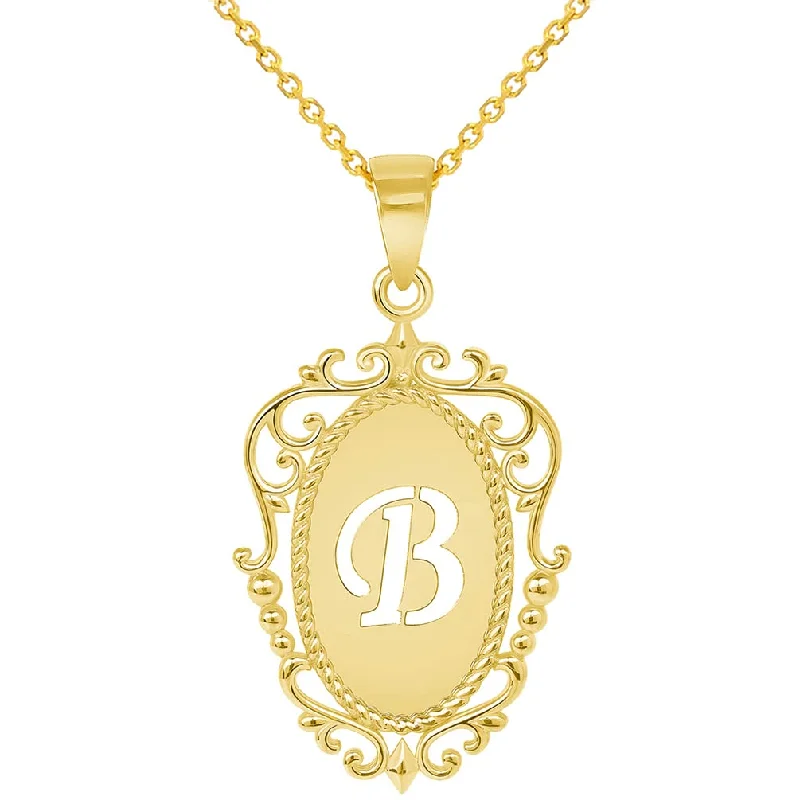 14k Yellow Gold Elegant Filigree Oval Uppercase Initial B Script Letter Plate Pendant with Cable, Curb, or Figaro Chain Necklaces