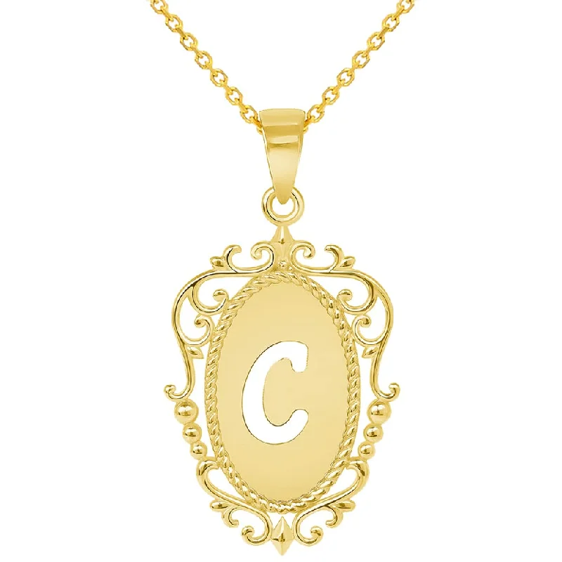 14k Yellow Gold Elegant Filigree Oval Uppercase Initial C Script Letter Plate Pendant with Cable, Curb, or Figaro Chain Necklaces