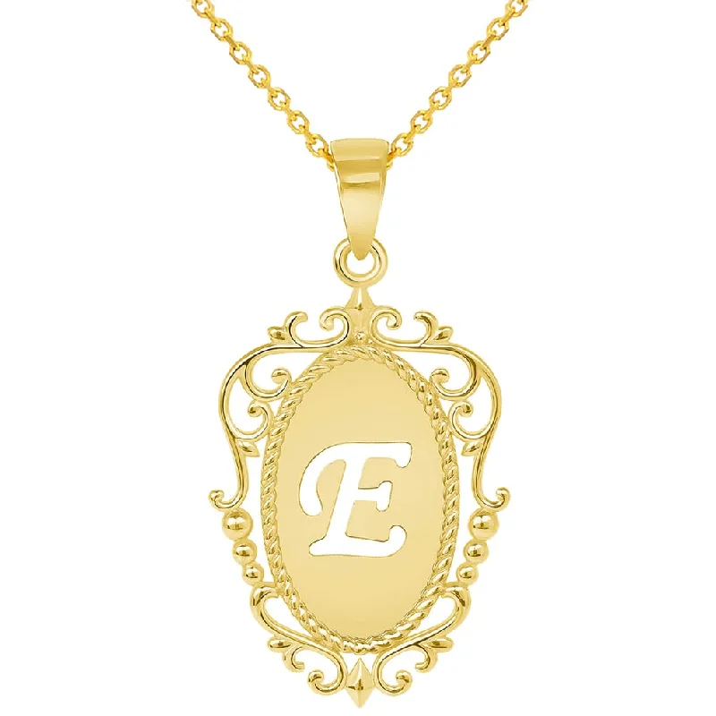 14k Yellow Gold Elegant Filigree Oval Uppercase Initial E Script Letter Plate Pendant with Cable, Curb, or Figaro Chain Necklaces