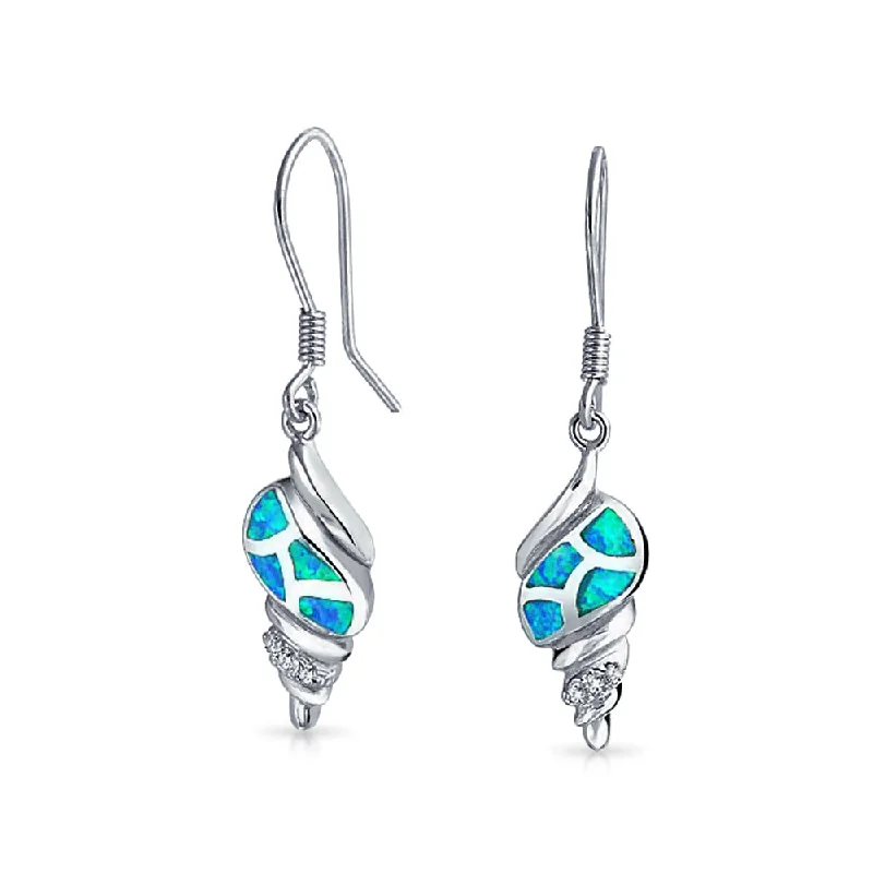 Created Blue Opal Nautical Dangle Gemstone Earrings Sterling Silver Fish Hook